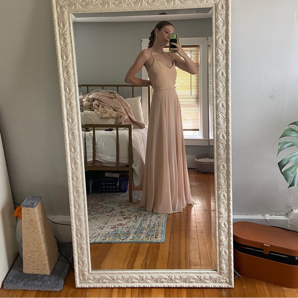 Jenny Yoo bridesmaid blush peach dress.